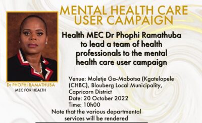 LIMPOPO HEALTH MEC DR PHOPHI RAMATHUBA TO LEAD THE MENTAL HEALTH AND DISABILITY AWARENESS AT MOLETJIE