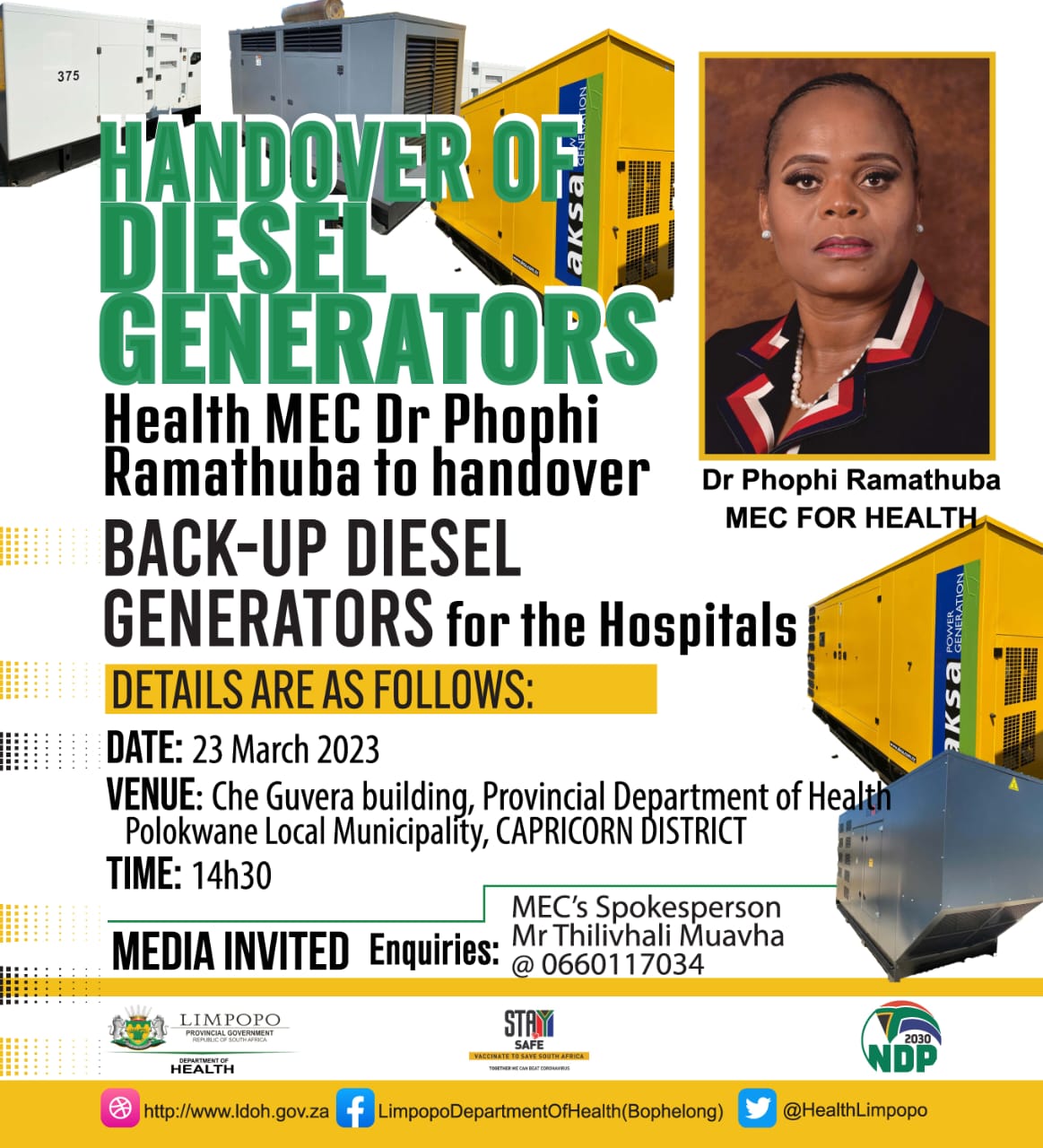 HEALTH MEC DR. PHOPHI RAMATHUBA TO HAND OVER MOBILE BACK-UP DIESEL GENERATORS FOR HOSPITALS