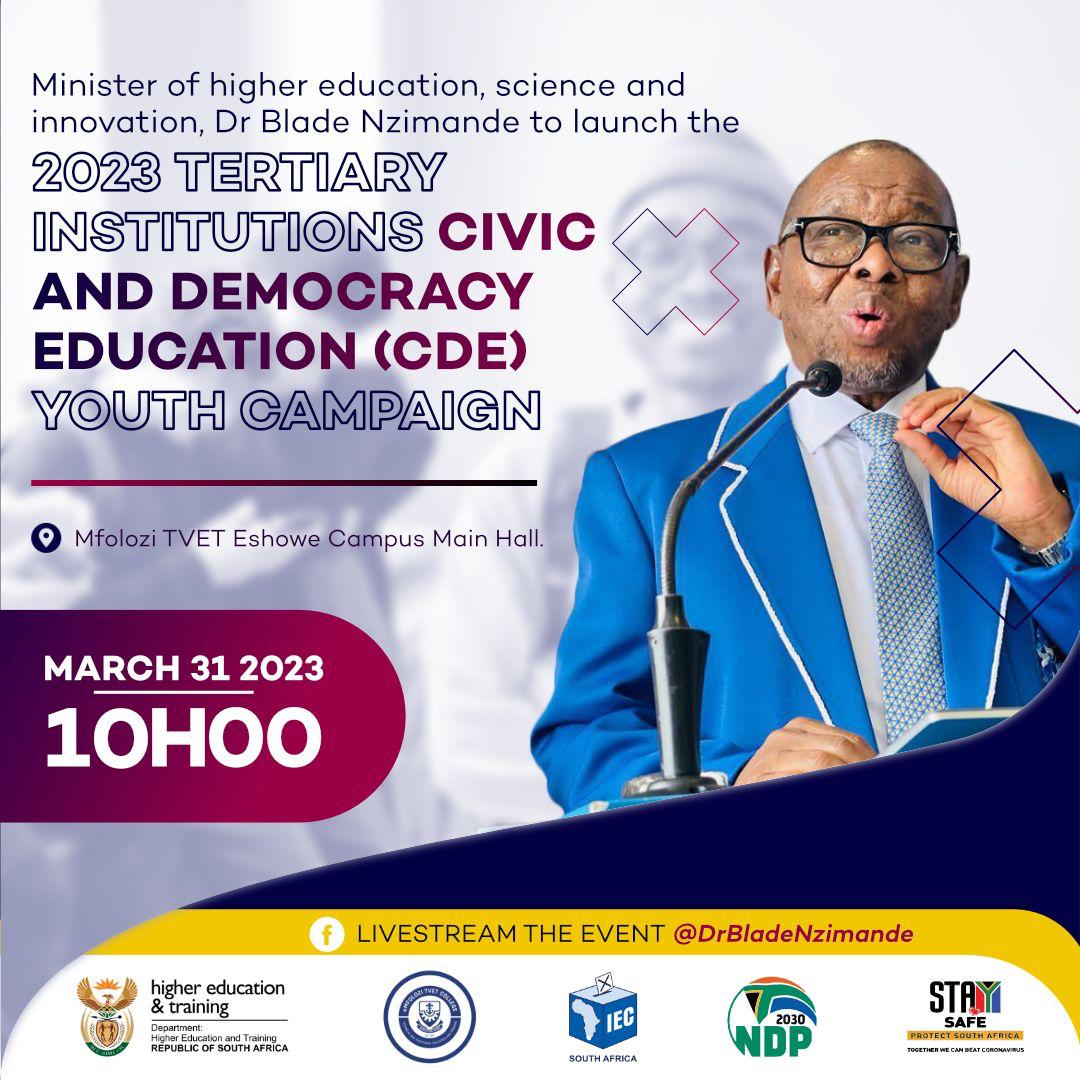 MINISTER NZIMANDE TO LAUNCH THE 2023 TERTIARY INSTITUTIONS YOUTH CAMPAIGN