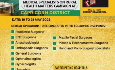 MEDICAL AND DENTAL SPECIALISTS TO SPEND A WEEK IN CAPRICON DISTRICT DURING RURAL HEALTH MATTERS OUTREACH CAMPAIGN