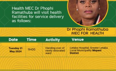 HEALTH MEC DR. PHOPHI RAMATHUBA TO HAND OVER NEWLY RENOVATED WARD AT LETABA HOSPITAL