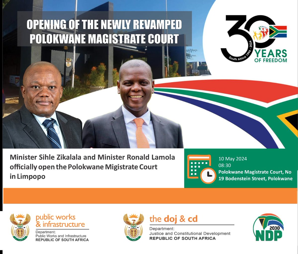MINISTER RONALD LAMOLA AND MINISTER ZIKALALA TO OFFICIALLY OPEN THE POLOKWANE MAGISTRATES’ COURT