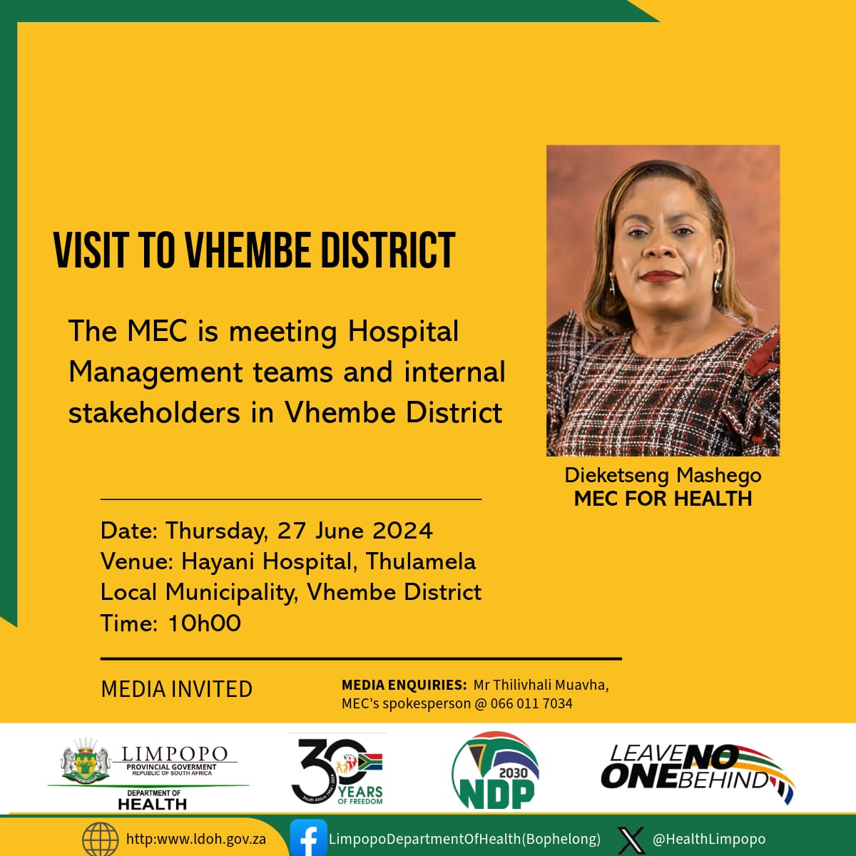 HEALTH MEC DIEKETSENG MASHEGO TO VISIT VHEMBE DISTRICT OFFICIALS AT HAYANI HOSPITAL