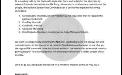 On Friday evening, 26 April, MK spokesman Nhlamulo Ndhlela announced the party's decision to expel "rogue elements" to safeguard its integrity. Khumalo, along with four other members, was expelled. "During a meeting of the National Leadership Core, considering the attempts by external forces to destabilize the MK party, which aims to advance a people's revolution, we decided to expel the following comrades: Jabulani Khumalo, whom President (Jacob) Zuma had asked to register the party on his behalf, Ray Khumalo, Bheki Manzini, Lebo Moepeng, and Rochelle Davidson, also known as Gogo Mahlalentabeni," Ndhlela explained. He emphasised that the national leadership would always act in the best interest of all South Africans seeking change. Former president Jacob Zuma, addressing MK members in the Joburg High Court on 11 April, warned those with ambitions for power within the party.